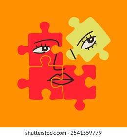 Abstract human Face on puzzle pieces. Jigsaw puzzle game with face. Contemporary minimalistic elegant style. Hand drawn modern Vector illustration. Isolated design element