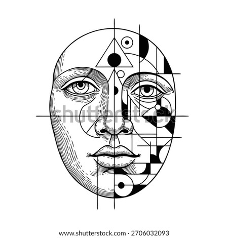 Abstract human face portrait with geometric lines and artistic shapes sketch. Vector Illustration
