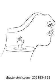 Abstract Human face in Side View with a Drowning hand in Water or Sea in Minimal One Line Art Drawing