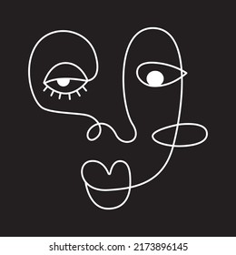 Abstract human face Vector art. Black and white. Black background. One line drawing.