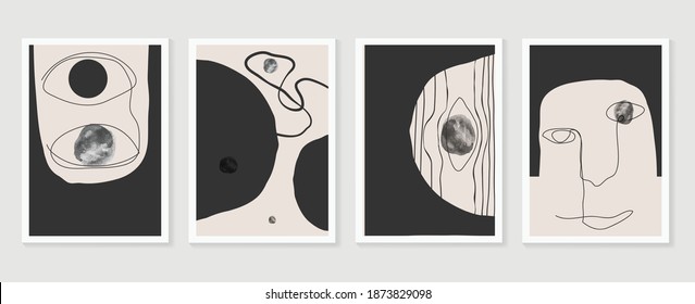 Abstract Human Face Wall Arts Vector Collection. Earth Tones Organic Shape Art Design For Poster, Print, Cover, Wallpaper, Minimal And People  Wall Art. 