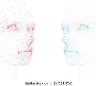 Abstract human faces made of particles. Blue and red face. Vector illustration