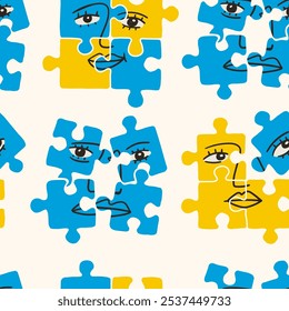 Abstract human Faces on puzzle pieces. Jigsaw puzzle game with face. Contemporary minimalistic elegant style. Hand drawn modern Vector illustration. Square seamless Pattern, background, wallpaper