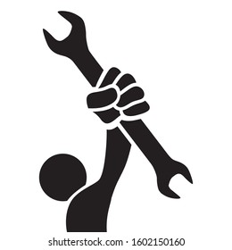 abstract human figure holding wrench tool, vector