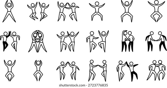 Conjunto de iconos Abstractas de figuras humanas que muestran trabajo en equipo, danza, alegría e interacción social Pictogramas en estilo minimalista dibujado a mano