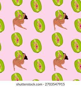 Figura humana Abstractas con rebanada de kiwi sobre fondo rosa