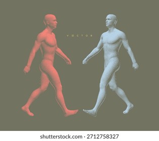 Una figura humana abstracta avanzando. Dos figuras humanas en movimiento dinámico hacia una meta. Ilustración 3D para folleto, póster, presentación, volante o Anuncio.