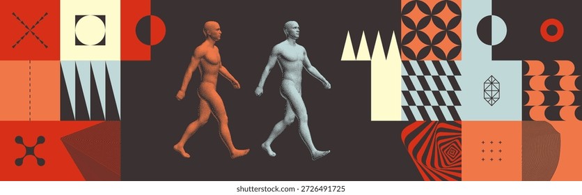 Uma figura humana abstrata avançando. Duas figuras humanas em movimento dinâmico em direção a um objetivo. Padrão geométrico. Projeto de mosaico plano. Vetor para cartaz, capa, folheto, cartão, folheto ou banner.