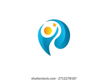 Figura humana abstrata alcançando estrela e sol dentro de um círculo azul. Símbolo do logotipo vetorial para sucesso, educação, bem-estar ou treinamento.