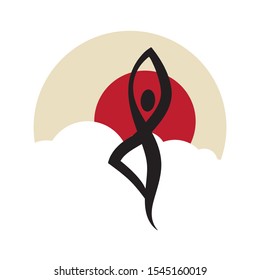 abstract human figure sky, clouds and red sun, vector