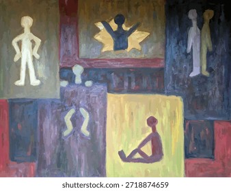 Figuras humanas Abstractas en diferentes poses en cuadrados abstractos o rectángulos. Ilustración de arte moderno con siluetas coloridas.