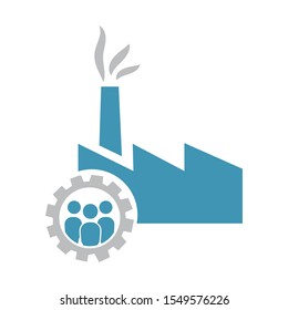 abstract human figures inside gear and factory building in behind, vector