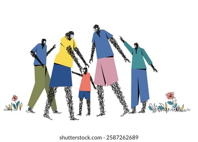 Abstract human figures symbolising a family composed of black scribbled wireframe-like lines
