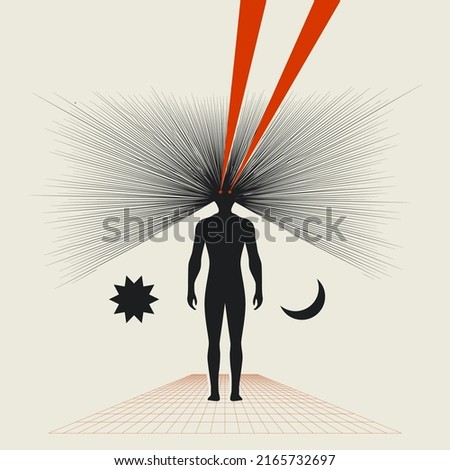 Abstract human of the future conceptual retro futurism illustration with man black silhouette laser beams from his eyes. Vector illustration