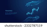 Abstract Human Hand Holding Candlestick. Stock Market and Investment Concept. Protection of Graph Chart on Technological Blue Background. Low Poly Wireframe Vector Illustration with 3D Effect.
