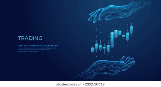 Abstract Human Hand Holding Candlestick. Stock Market and Investment Concept. Protection of Graph Chart on Technological Blue Background. Low Poly Wireframe Vector Illustration with 3D Effect.
 svg