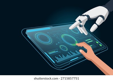 Abstract human hand and a robotic hand collaborate on a glowing, futuristic touchscreen displaying data charts and graphs. Symbolizes  digital transformation, and advanced technology.