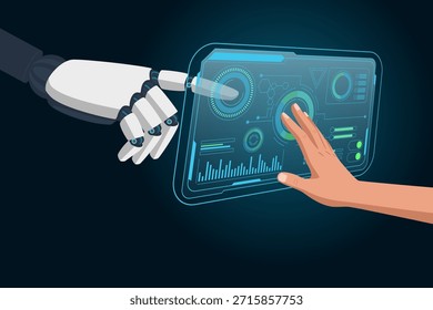 Abstrakte menschliche Hand und Roboterhand arbeiten auf einem glühenden, futuristischen Touchscreen zusammen, der Datendiagramme und Grafiken anzeigt. Symbolisiert digitale Transformation und fortschrittliche Technologie.