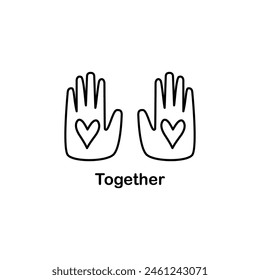 Abstract human hands with a drawn hearts on the palms. Love, peace, friendship and romantic theme.  Vector card, print or poster . 