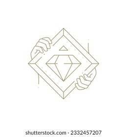 Abstract human hands holding geometric square frame with gem brilliant jewelry monochrome golden line icon vector illustration. Arms with premium border gemstone carat adorable decorative design