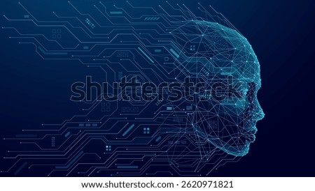 Abstract human head consists of connected dots, lines, and polygons flows into the wires of a circuit. The silhouette of a cyborg in low poly blue. AI face concept. Artificial Intelligence background.