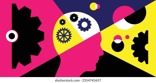 Abstract Human Head with Gear and Geometric Figures Flat Style Background. Graphic design resources and backgrounds vector art