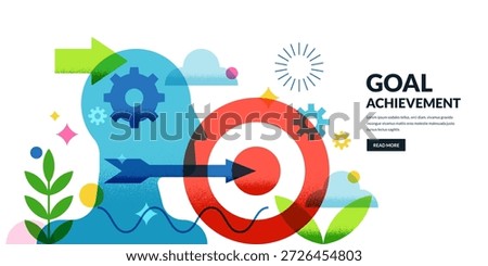 Abstract human head with gear mechanism, red target and arrow. Vector flat geometric illustration. Concept for strategy, goal achievement, leadership, business idea, determination