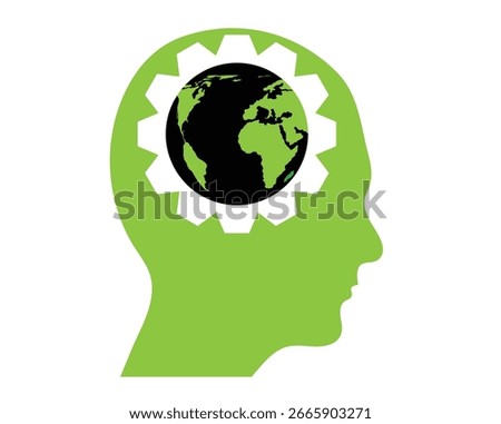 Abstract Human Head with Gear and Planet Eco Green Idea. Renewable energy thinking and nature preservation vector art