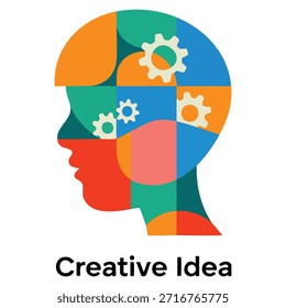 Abstrakter menschlicher Kopf mit Zahnrädern, Vektorgrafik, die den Denkprozess zeigt, kreative Idee Logo-Vorlage, perfekt für Kreativitätsmechanismus, Innovation, Designkonzepte