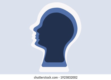 Abstract human head illustration. Deep thinker, profound mind concept. Human profile contour, multilayered effect. Blue tones. Vector.