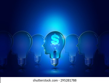 Abstract Human Head Light Bulb with Dollar Symbol Business Blue Background, Vector Illustration