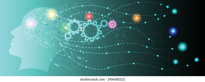 Abstract human head with a line brain network.circle and electricity with blue electronic cycle.Digital data,ai,ascience.Vector Technology background and Artificial intelligence concept.