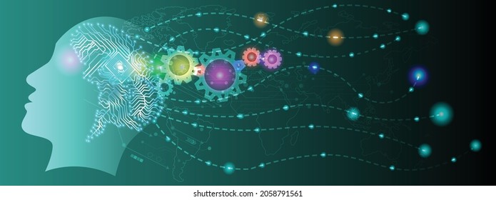 Abstract human head with a line brain network.circle and electricity with blue electronic cycle.Digital data,ai,science.Vector Technology background and Artificial intelligence concept.