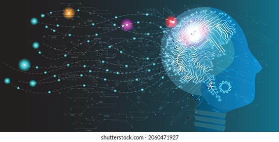 Abstract human head with a line brain network.circle and electricity with blue electronic cycle.Digital data,ai,ascience.Vector Technology background and Artificial intelligence concept.
