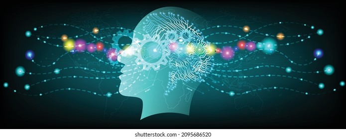 Abstract human head with a line brain network.circle and electricity with blue electronic cycle.Digital data,ai,ascience.Vector Technology background and Artificial intelligence concept.