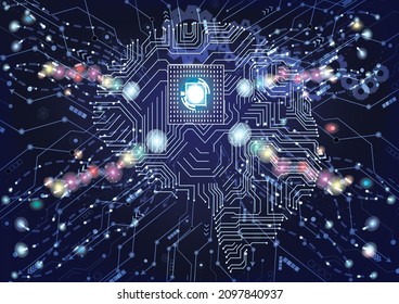 Abstrakter menschlicher Kopf mit einer Linie Hirnnetz.Kreis und Elektrizität mit blauem elektronischen Zyklus.Digitale Daten, ai, Ascience.Vector Technologie Hintergrund und künstliche Intelligenz Konzept.