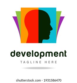 Abstract human head profile silhouette logo on book background. Design template icon for business company. Identity sign education, school, science, improvement, innovation. Vector illustration.