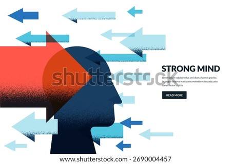 Abstract human head with red and blue arrows in different directions. Vector flat geometric illustration. Concept for strategy, leadership, business idea, motivation and determination