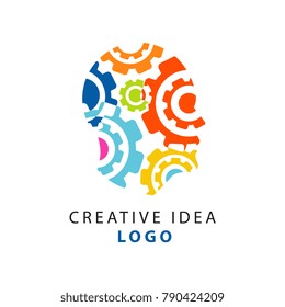 Abstract human head shape with colorful flat gear mechanism for creative idea logo template. People thinking concept. Vector isolated on white