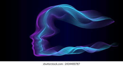 Abstract human head shape flowing blue violet wavy light line dots patter in concept of Artificial intelligence technology, communication, neural network, data learning, science. Vector illustration