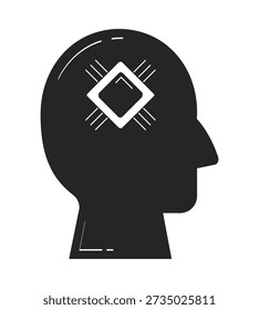Abstract human head silhouette with microchip cpu doodle linear object. Artificial intelligence mind technology 2D vector outline clip art drawing isolated on white. Hand drawn sketch illustration