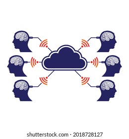 Resumen de las siluetas de cabeza humanas con patrones cerebrales y conexiones a la tecnología de nube de realidad virtual. conexión de interfaz humana de Internet