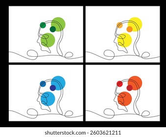 Abstract Human Head Single Line Art with Colorful Shapes. Thinking and psychology concept vector art