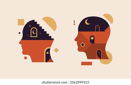 abstract human head with stairs, doors, geometric shapes inside Vector illustration. Concept of thinking process, solving problems, searching solution, inner world of mind, brain, psychotherapy