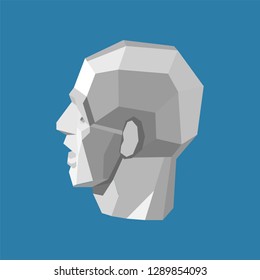 Abstract human head stylized as a white triangulated sculpture on blue background