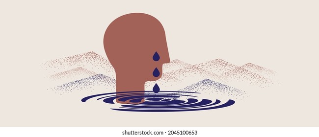 Abstract human head with tears. States of mind, depression, sad, crying. Mental health. Vector illustration