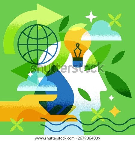 Abstract human head with water drop, globe, hand, light bulb, leaves and clouds. Vector flat geometric illustration. Creative concept for environment design, sustainability, eco green ideas