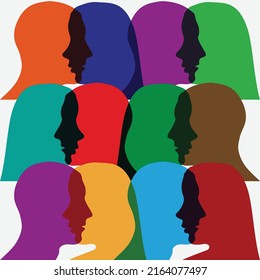 Abstract human heads silhouettes. Crowd color background. Man and woman silhouettes wallpaper