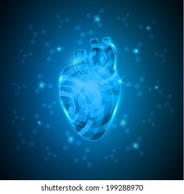 Abstract human heart of gears and molecules at the background, deep blue gradient color