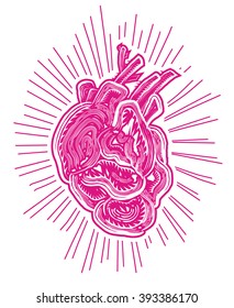 Abstract human heart, lino cut effect, vector illustration